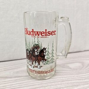 Vintage 1989 Budweiser Glass Beer Mug Holiday Christmas Edition Clydesdale Horse